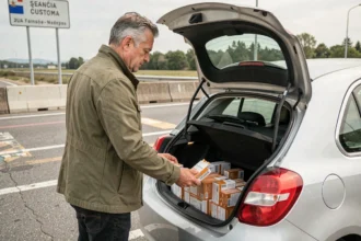 Homme rangeant des cartouches de cigarettes dans le coffre de sa voiture à la frontière franco-espagnole