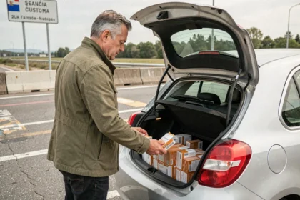 Homme rangeant des cartouches de cigarettes dans le coffre de sa voiture à la frontière franco-espagnole