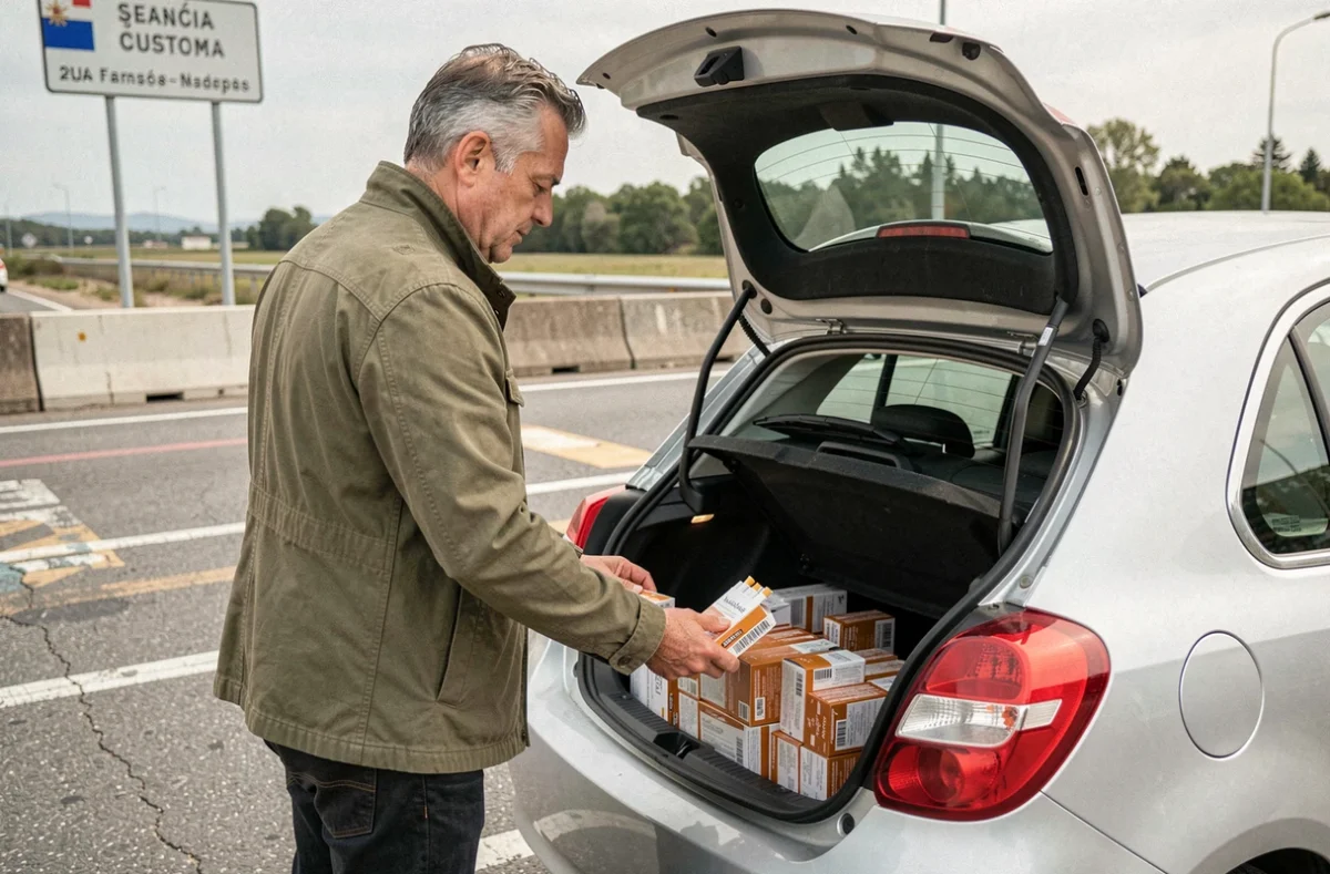 Homme rangeant des cartouches de cigarettes dans le coffre de sa voiture à la frontière franco-espagnole