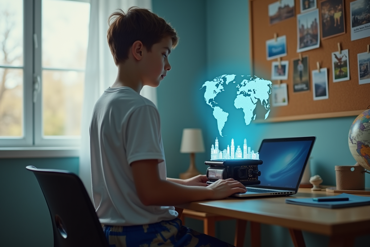 Adolescent étudiant un objet holographique dans sa chambre