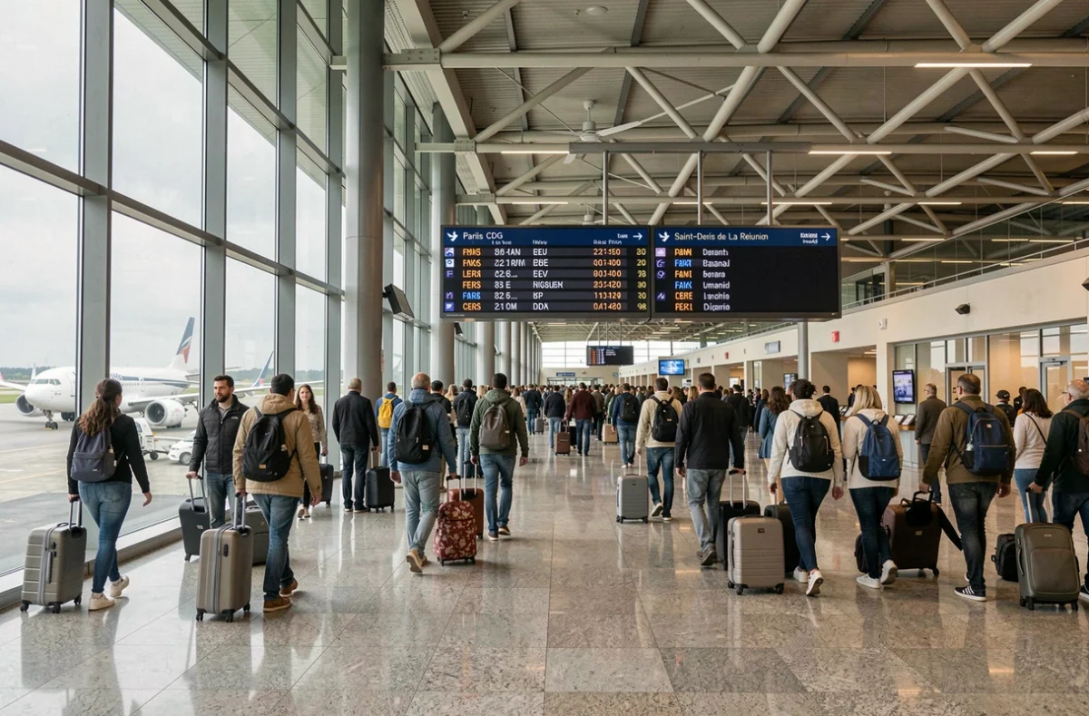 Hall de départ d'un aéroport international avec tableau des vols affichant la destination Paris et La Réunion