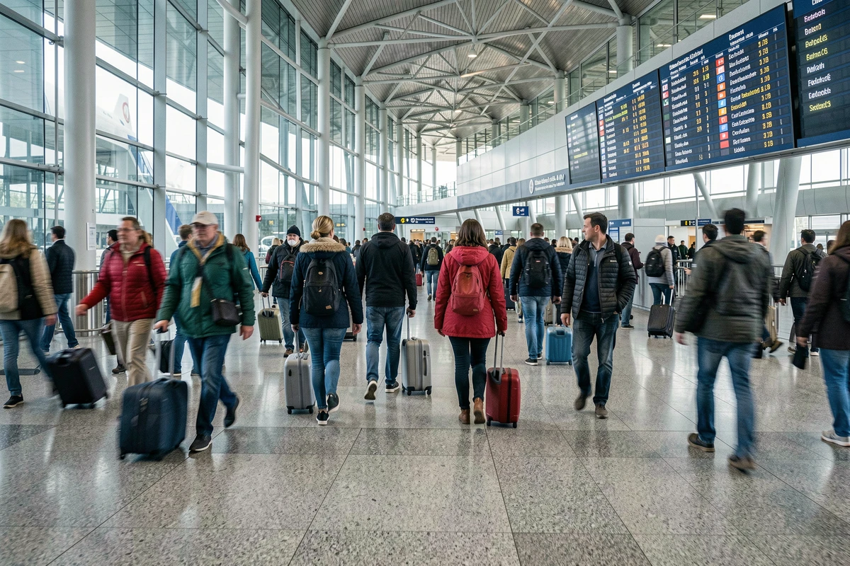 Terminal d'aéroport international animé avec des voyageurs du monde entier, symbole de la reprise du tourisme mondial après la pandémie