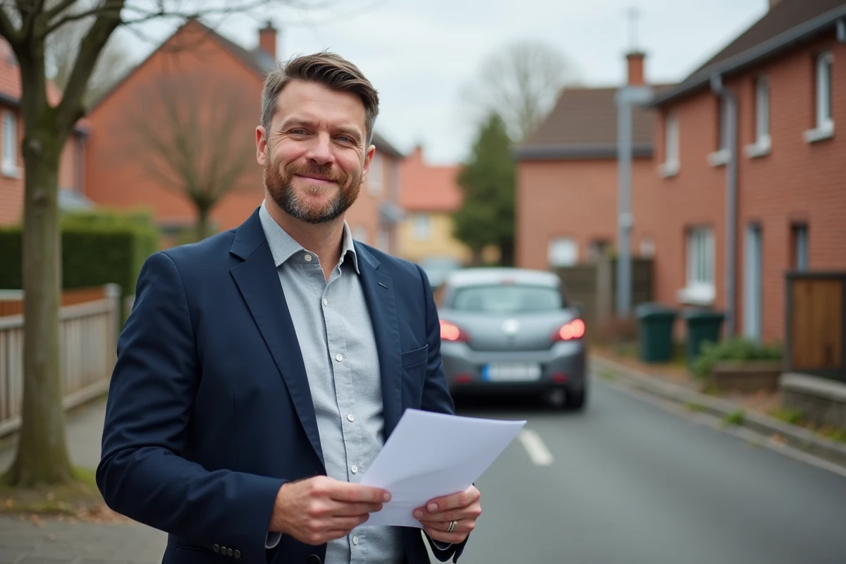 Agent immobilier devant une maison en briques rouges dans un quartier résidentiel de Rodange ou Pétange au Luxembourg