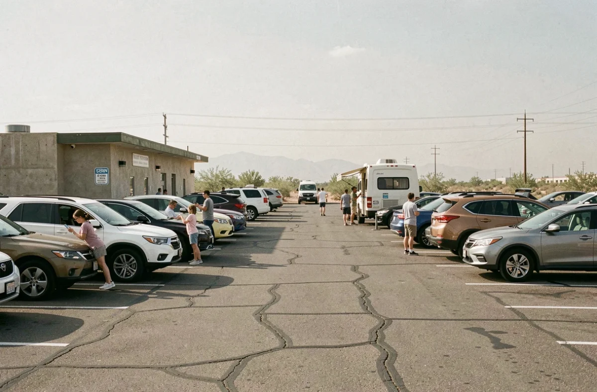Aire de repos bondée sur l'I-15 dans le désert californien lors d'un week-end chargé entre Las Vegas et Los Angeles