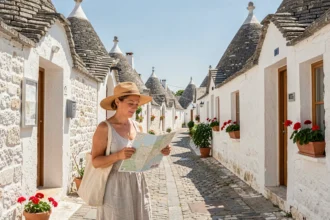 Femme explorant une ruelle pavée d'Alberobello avec des maisons trulli aux toits coniques en Pouilles, Italie