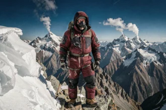 Alpiniste expérimenté en combinaison haute altitude sur une arête rocheuse de l'Himalaya avec sommets enneigés en arrière-plan