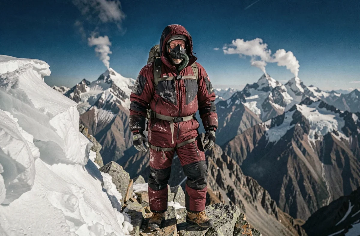 Alpiniste expérimenté en combinaison haute altitude sur une arête rocheuse de l'Himalaya avec sommets enneigés en arrière-plan