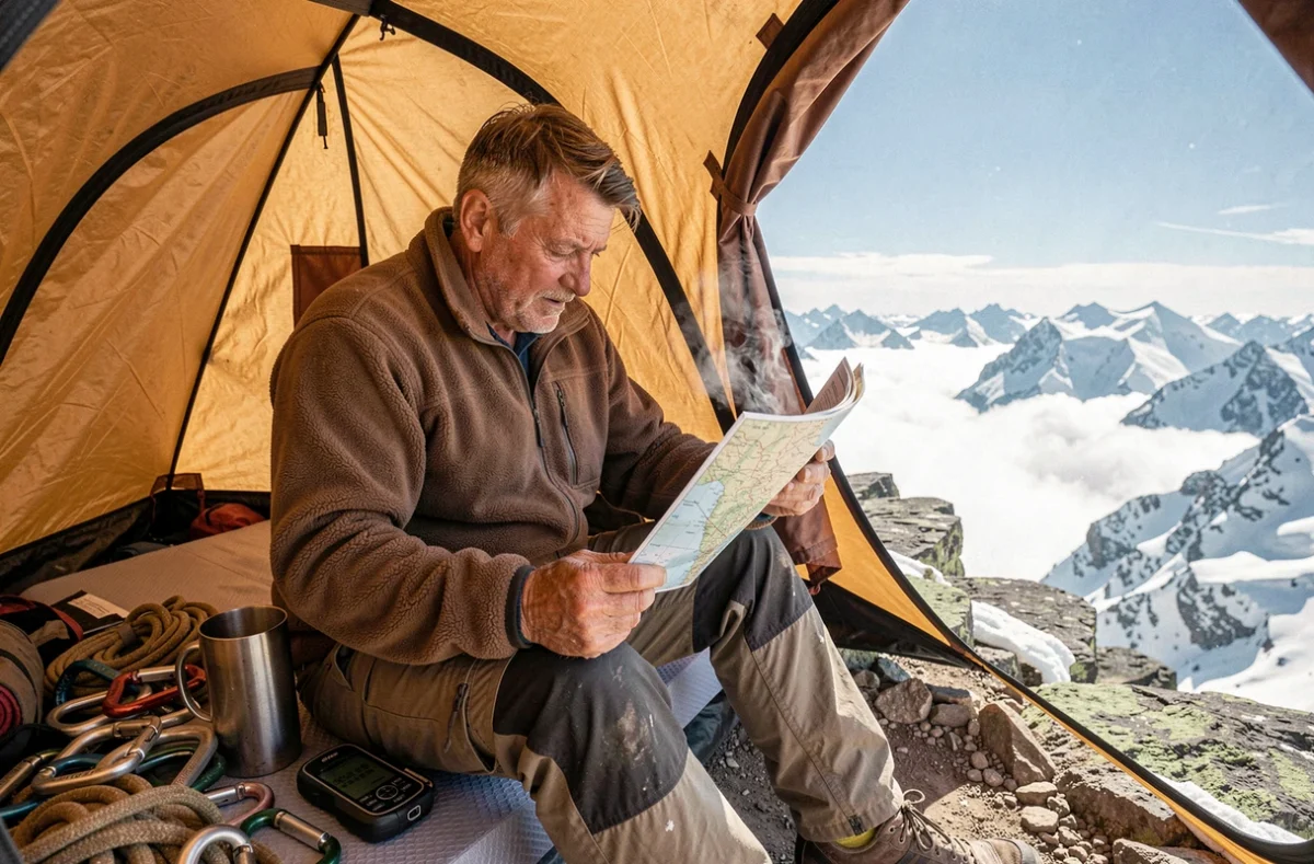 Alpiniste solitaire examinant une carte topographique à l'intérieur d'une tente d'expédition à haute altitude avec vue panoramique sur les sommets himalayens