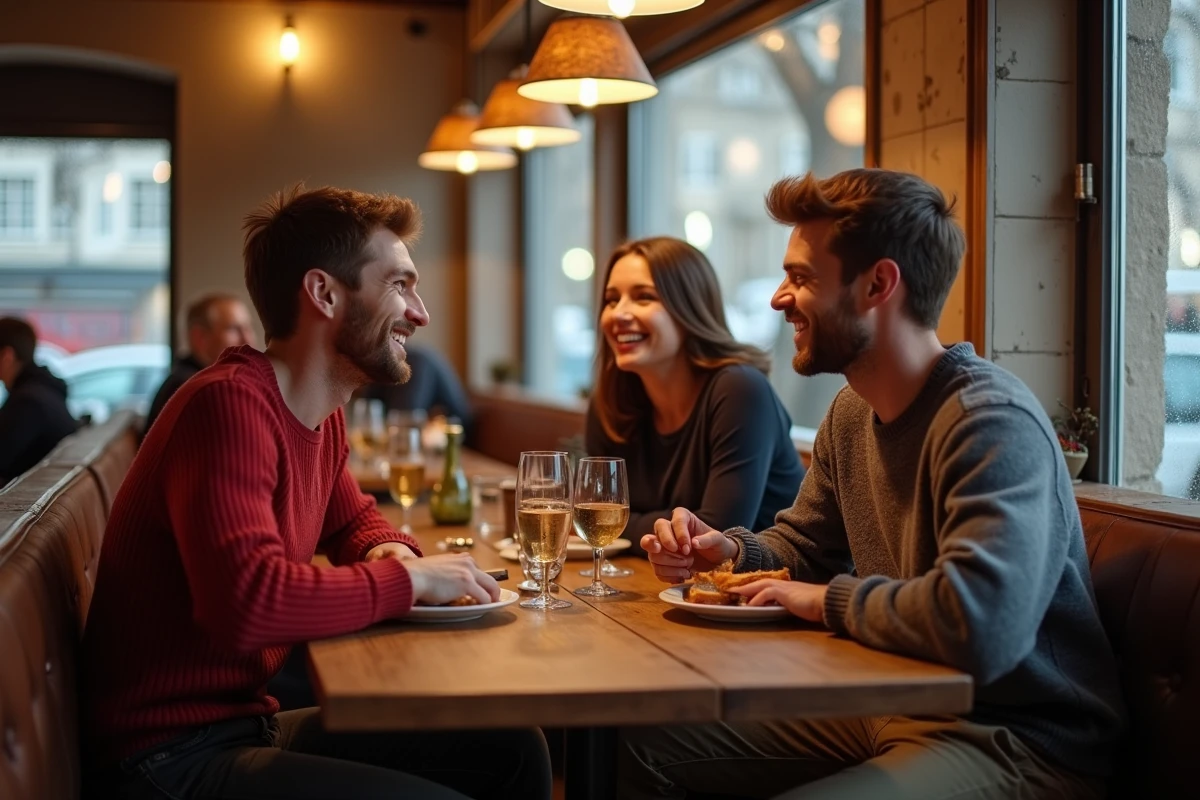 Groupe d amis dégustant un repas dans un bouchon lyonnais