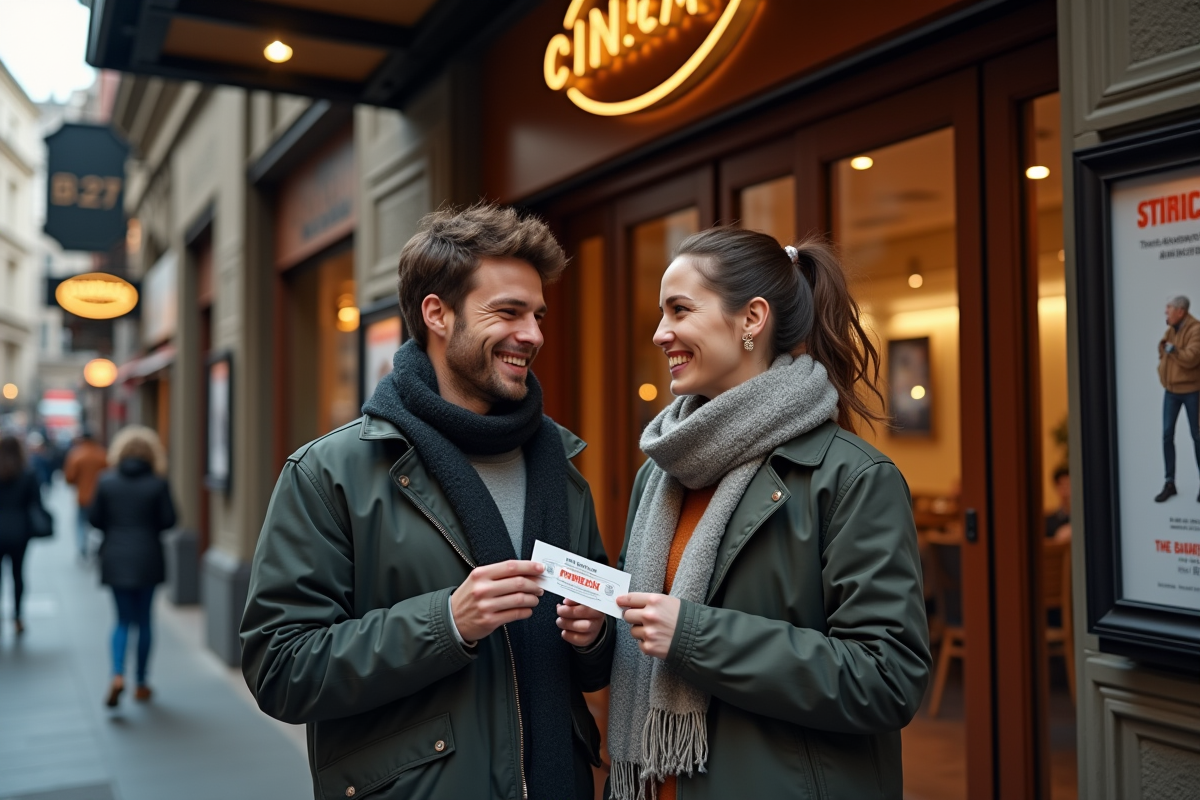 Deux amis discutant devant un cinema art deco