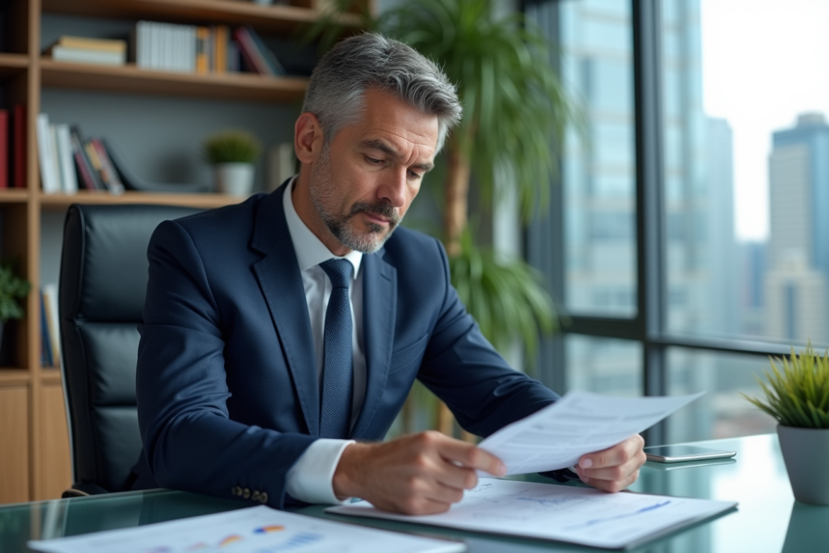 Analyste financier en costume dans un bureau moderne