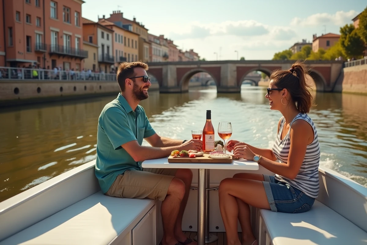 Deux amis profitant d'un apéritif sur la terrasse d'une péniche naviguant sur la Garonne à Toulouse avec vue sur le Pont Neuf