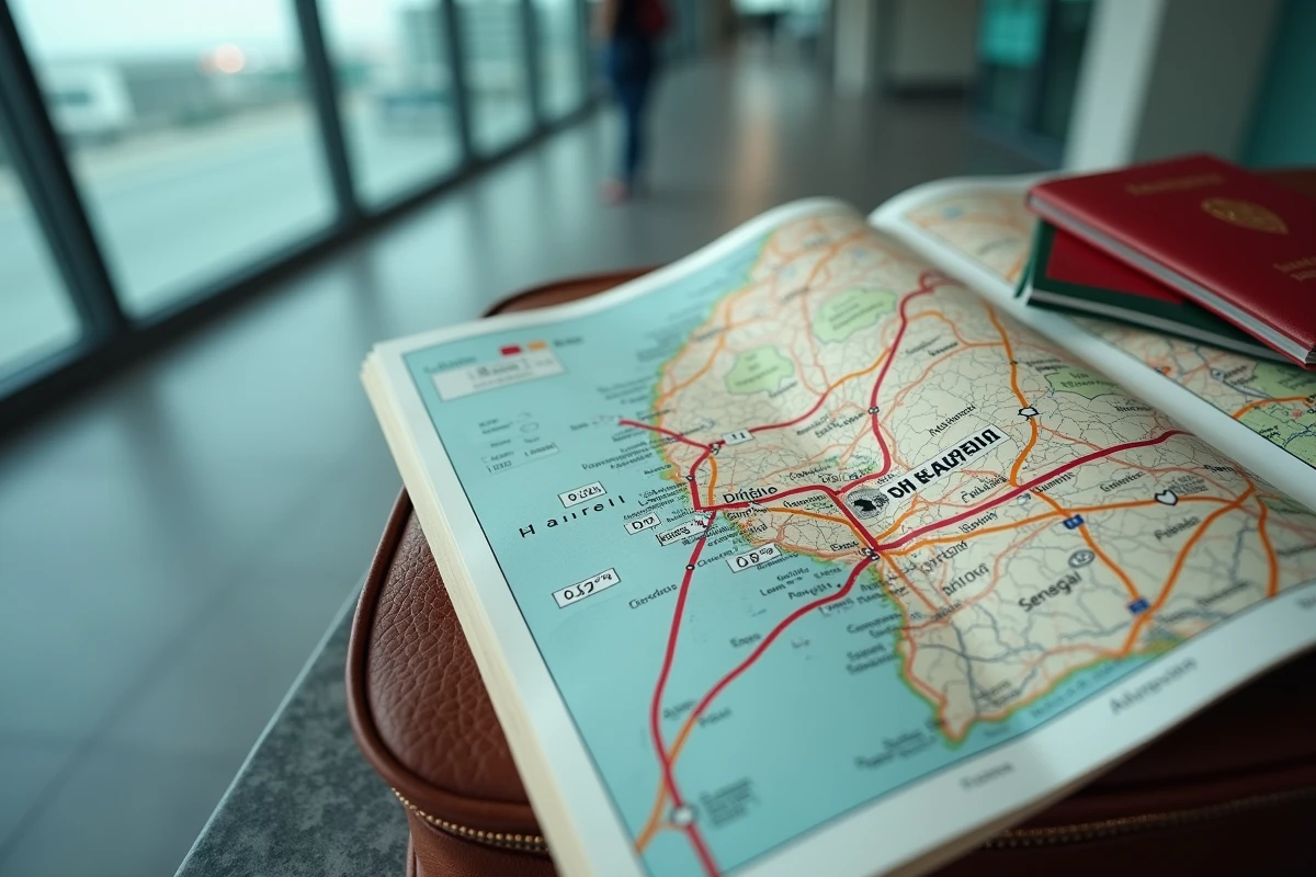 Vue aérienne d'un atlas routier montrant l'aéroport international de Dakar et le réseau routier du Sénégal