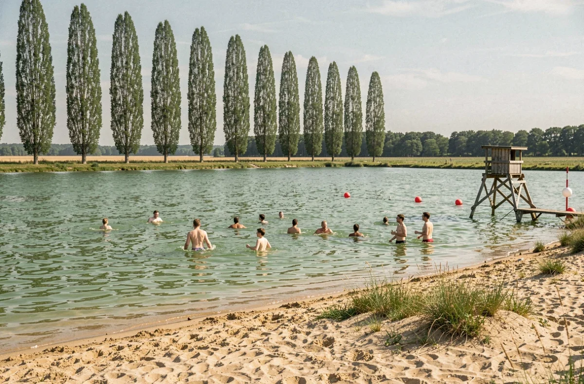 Plage de baignade La Hardt à Brumath dans le Bas-Rhin avec baigneurs et peupliers en arrière-plan