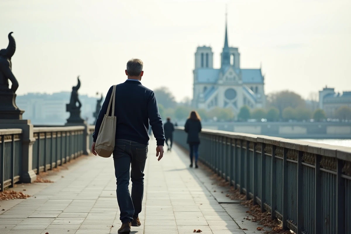 Homme se promenant seul sur le Pont des Arts avec vue sur la Seine et Paris