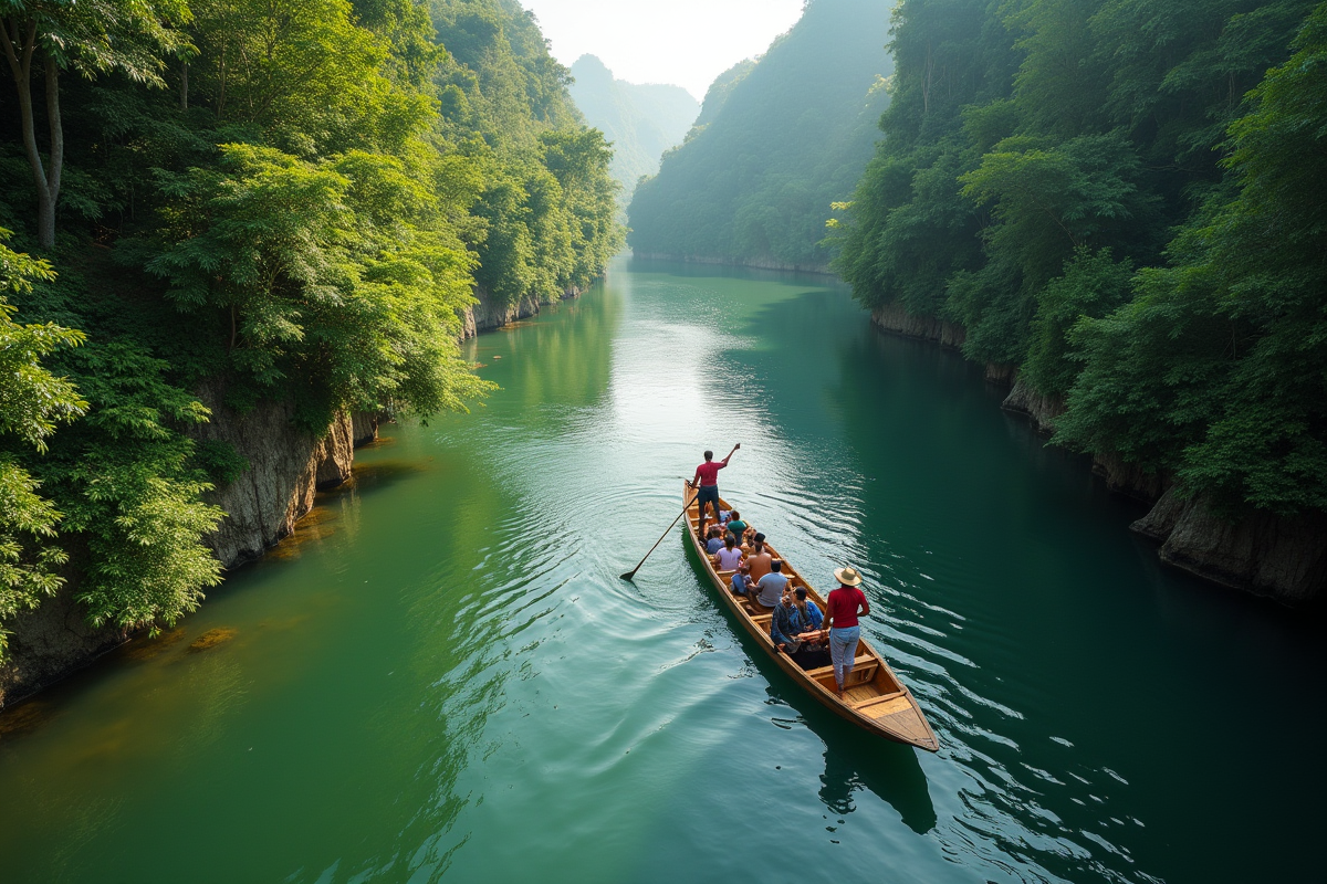 Touristes en bateau dans une rivière verte en Asie du Sud-Est