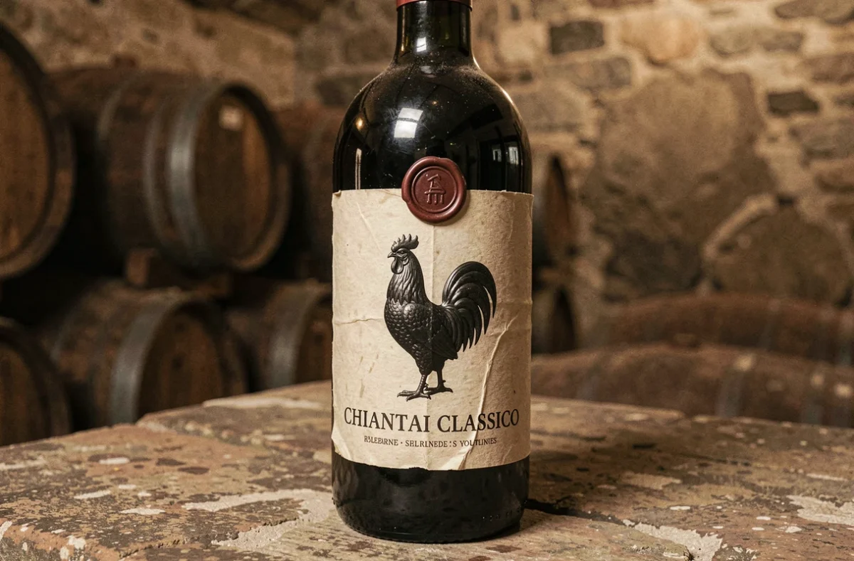 Bouteille de Chianti Classico avec le symbole du coq noir visible sur l'étiquette, posée sur une pierre dans une cave toscane