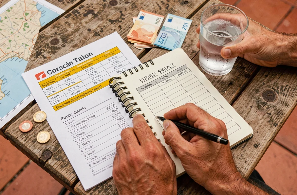 Planification du budget transport en Corse avec horaires de la micheline, billets et carnet de voyage sur table