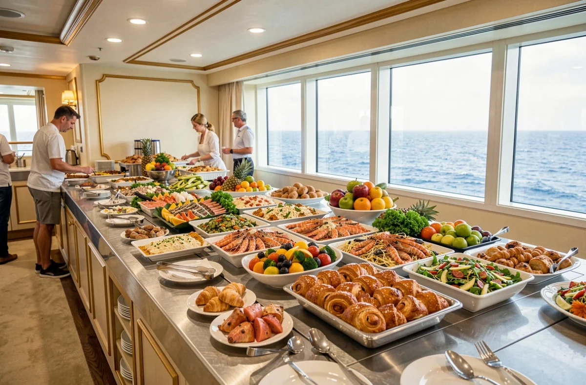 Buffet all inclusive abondant sur un paquebot de croisière de luxe avec vue sur l'océan