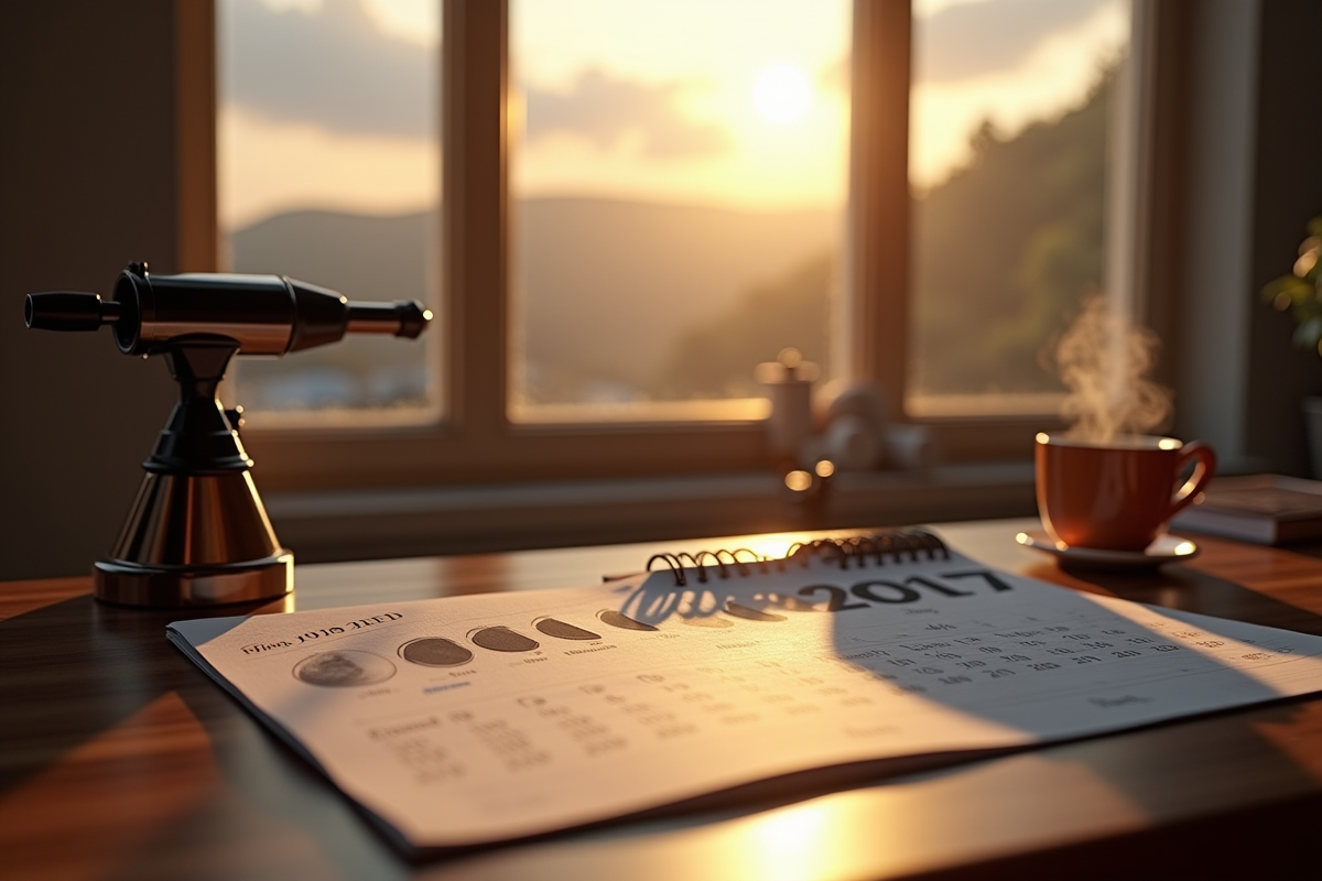 Bureau moderne avec calendrier lunaire et télescope