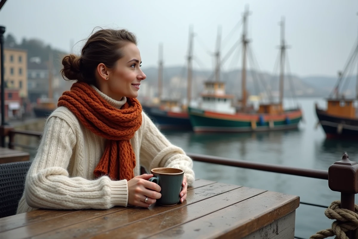Femme savourant un café en terrasse au bord du port de Bergen avec vue sur les bateaux de pêche et la ville norvégienne