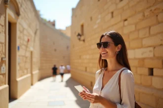 Femme tenant la carte Le Petit Maltais devant les remparts historiques de La Valette à Malte