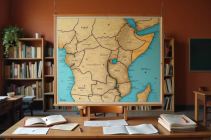 Carte physique du Sénégal épinglée sur un tableau liège avec les grandes villes marquées de punaises rouges