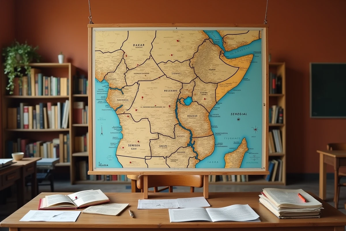 Carte physique du Sénégal épinglée sur un tableau liège avec les grandes villes marquées de punaises rouges