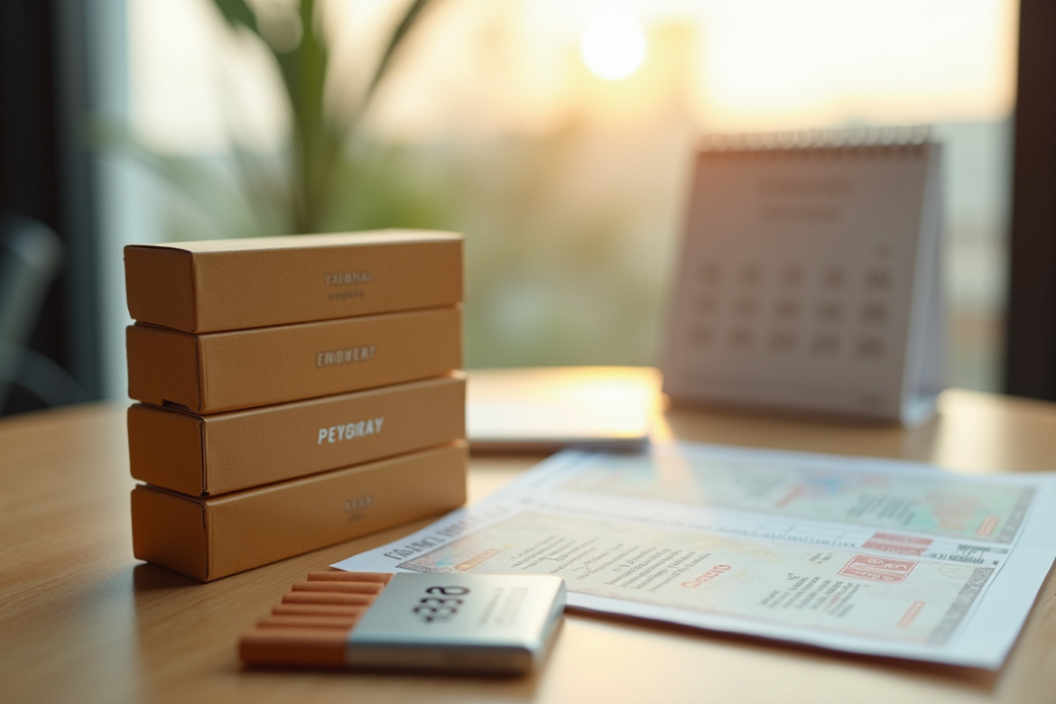 Cartons de cigarettes empiles sur une table en bois avec document de voyage