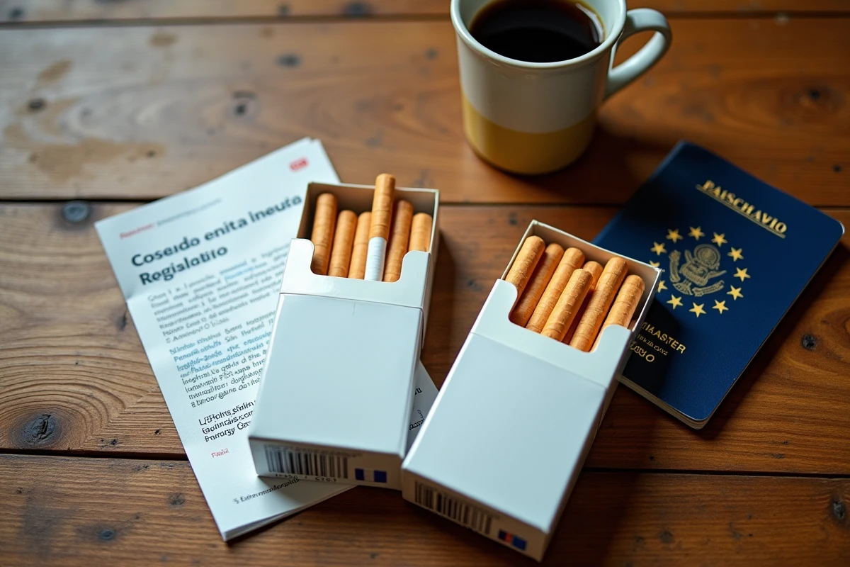 Cartouches de cigarettes espagnoles posées avec un passeport et une réglementation douanière européenne