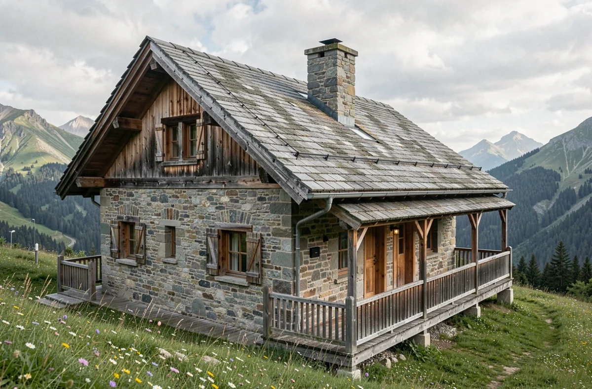 Chalet Pierre en granit et bois avec véranda rustique dans les montagnes vosgiennes du Haut-Rhin
