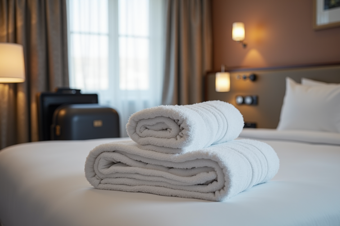 Chambre d'hôtel bien éclairée avec lit et valise ouverte