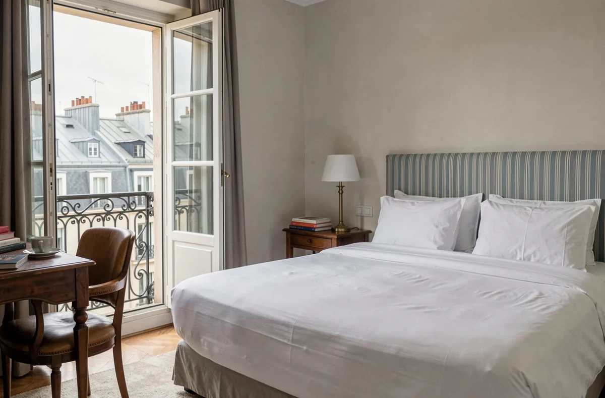 Chambre d'hôtel parisienne au style haussmannien avec balcon donnant sur les toits de Paris près de la Place de la République