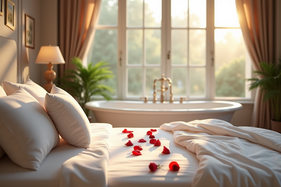 Chambre romantique lumineuse avec spa et pétales de rose