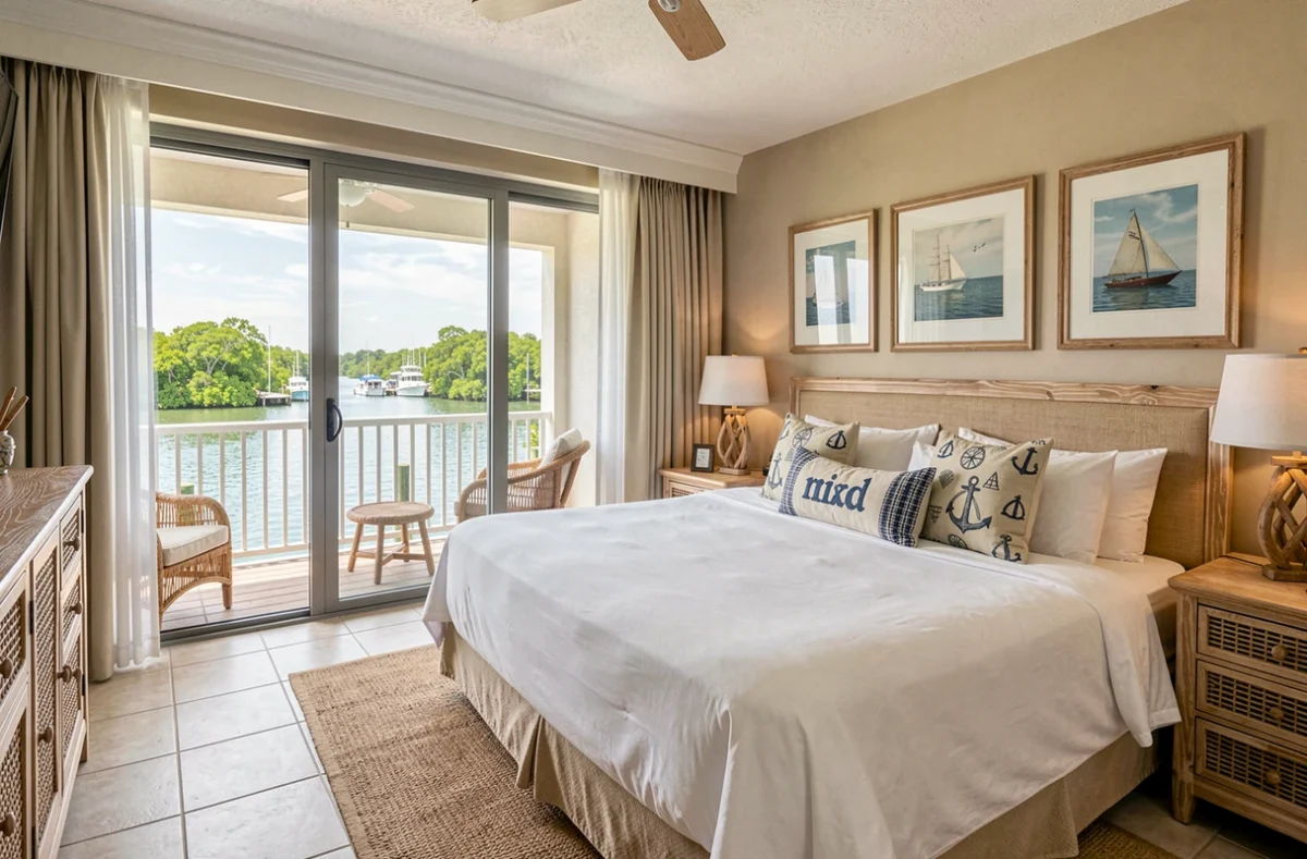 Chambre avec vue sur le lagon du Coral Lagoon Resort Marathon Floride avec balcon et décoration côtière