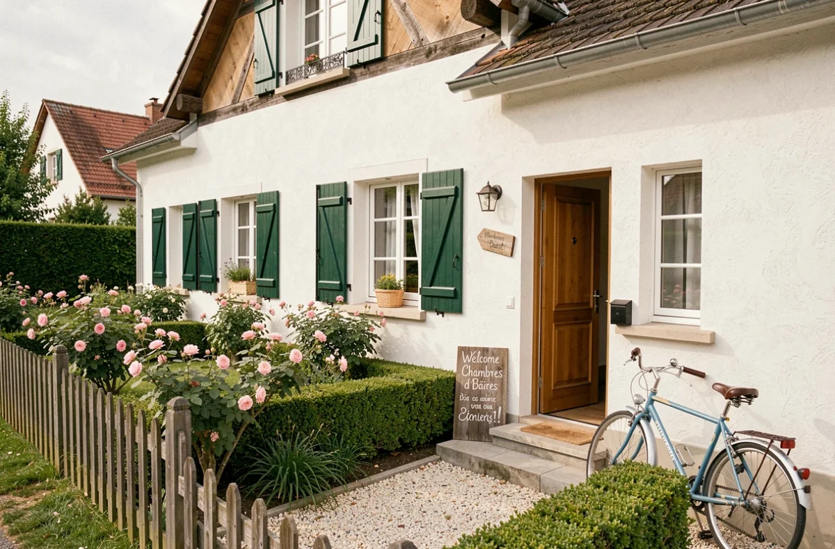 Maison alsacienne accueillante des Chambres d'Hôtes Bairet avec volets verts et jardin de roses