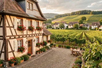 Façade typique d'une chambre d'hôtes alsacienne à colombages avec jardin fleuri dans le Haut-Rhin