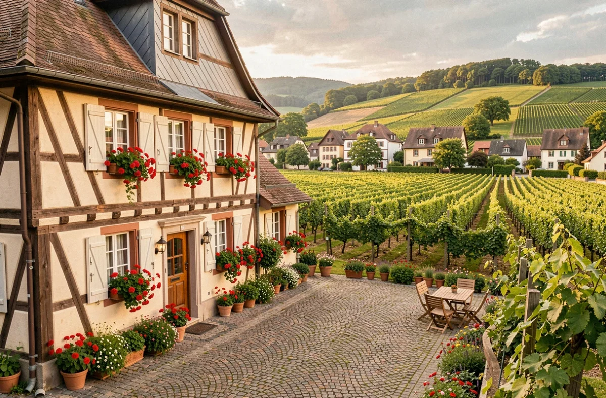 Façade typique d'une chambre d'hôtes alsacienne à colombages avec jardin fleuri dans le Haut-Rhin