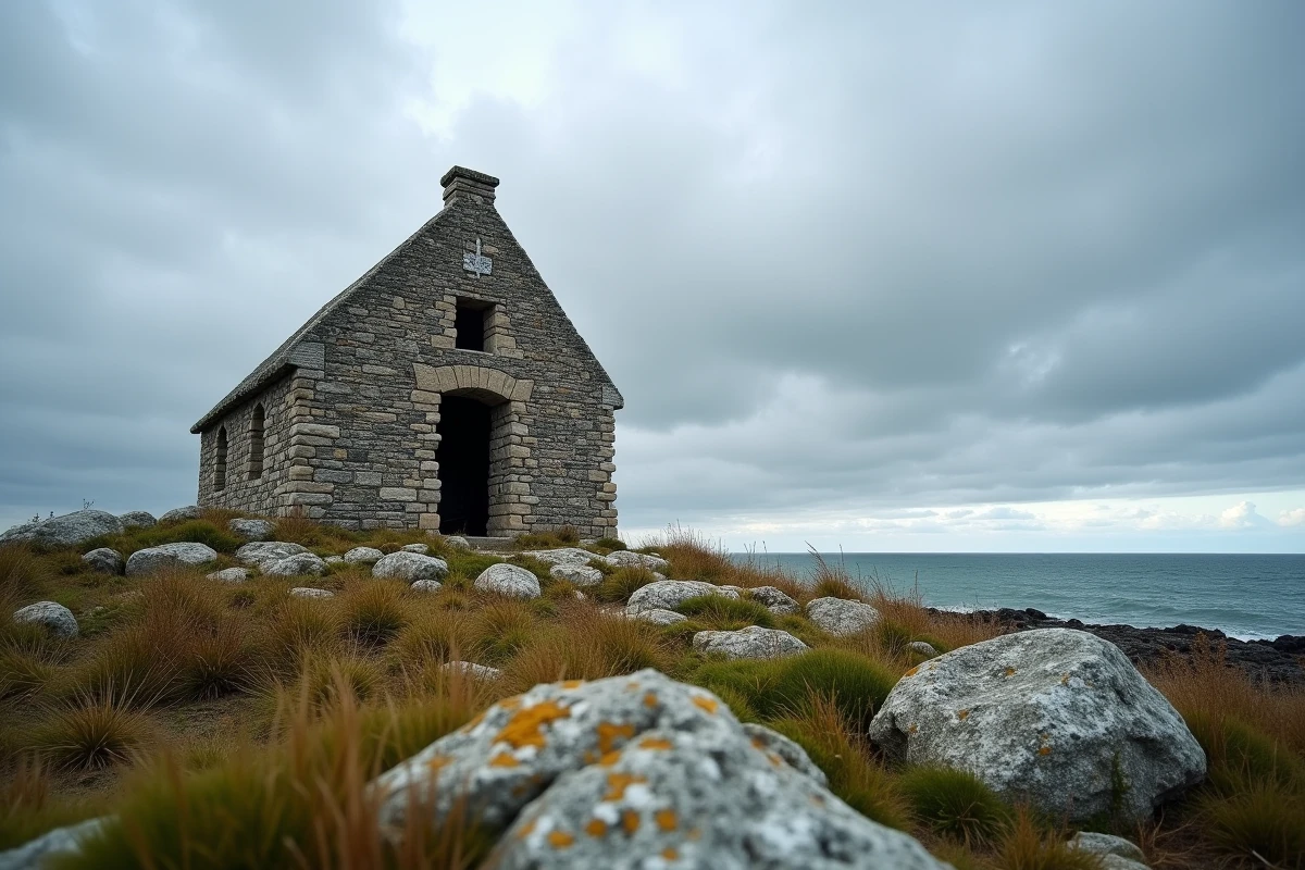 Chapelle romane de Saint-Cado sur l'îlot breton, façade en granite patiné par le sel et les intempéries côtières
