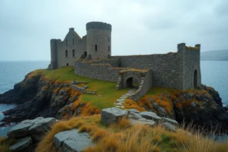 Ruines médiévales du château de Peel sur l'île de Man avec vue sur la mer d'Irlande et ses remparts en pierre de grès