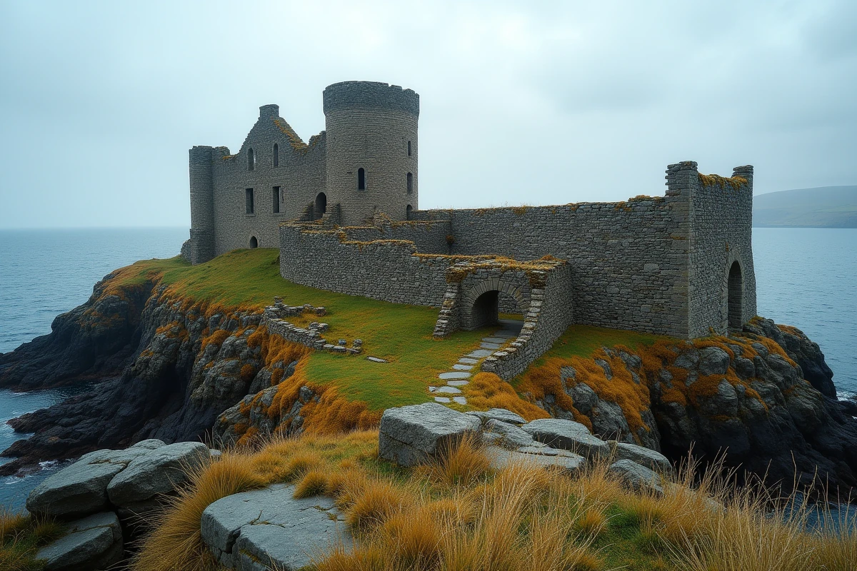 Ruines médiévales du château de Peel sur l'île de Man avec vue sur la mer d'Irlande et ses remparts en pierre de grès