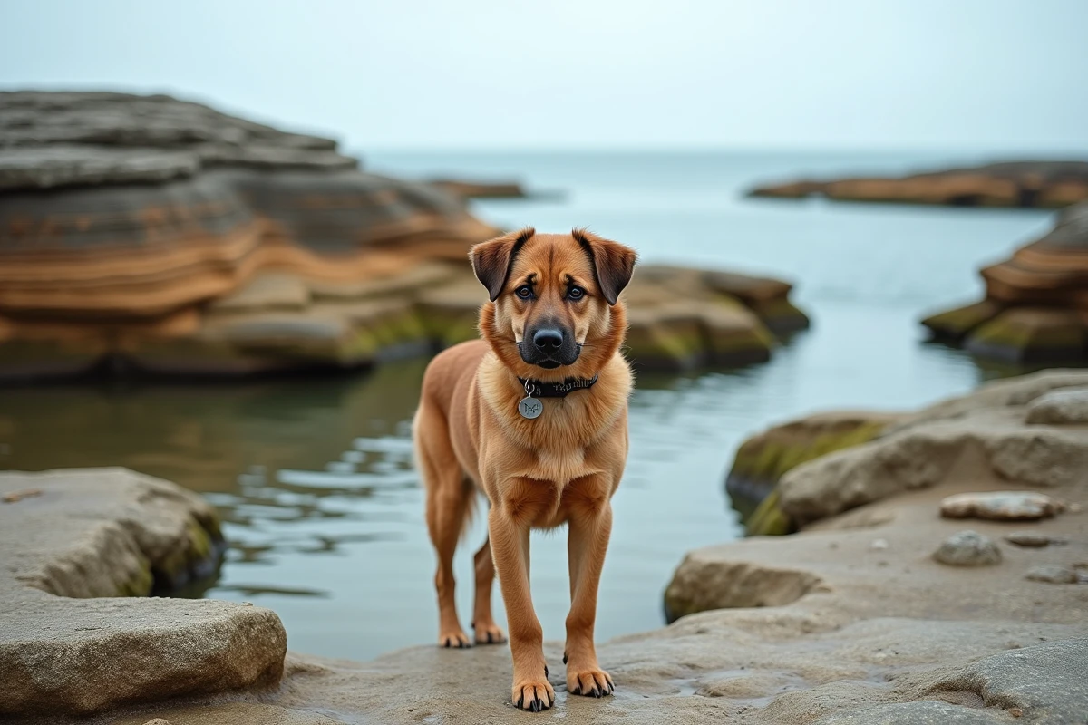 Chien de race mixte explorant les rochers et les flaques d'eau de mer sur une plage rocheuse au bord de l'eau