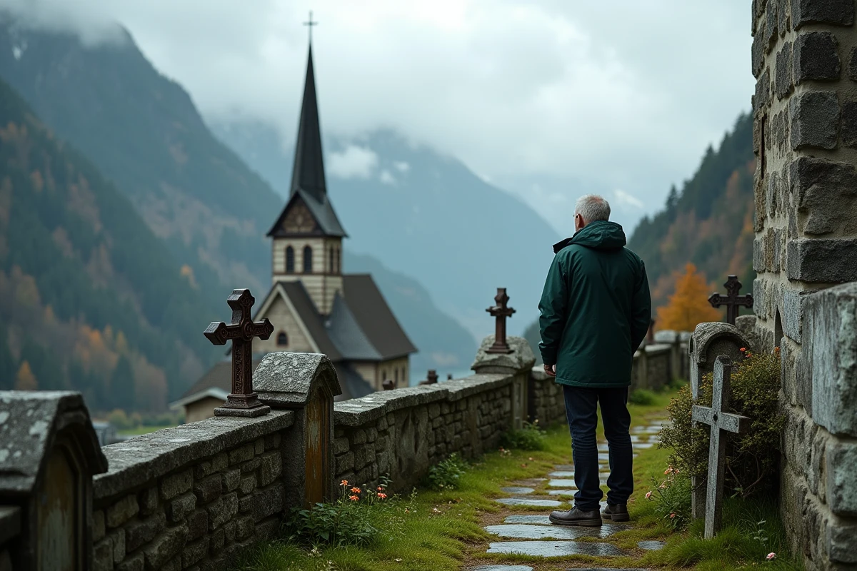 Cimetière et église protestante de Hallstatt avec vue sur les montagnes alpines et un visiteur solitaire