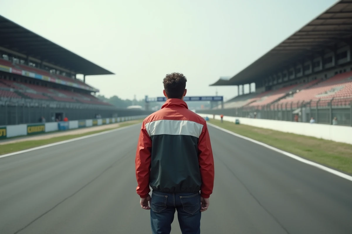 Voyageur découvrant le circuit de la Sarthe au Mans, regardant la ligne droite des stands