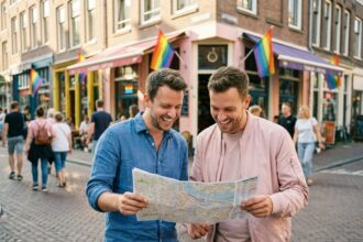 Deux hommes en voyage LGBTQ+ dans une rue pavée européenne décorée de drapeaux arc-en-ciel