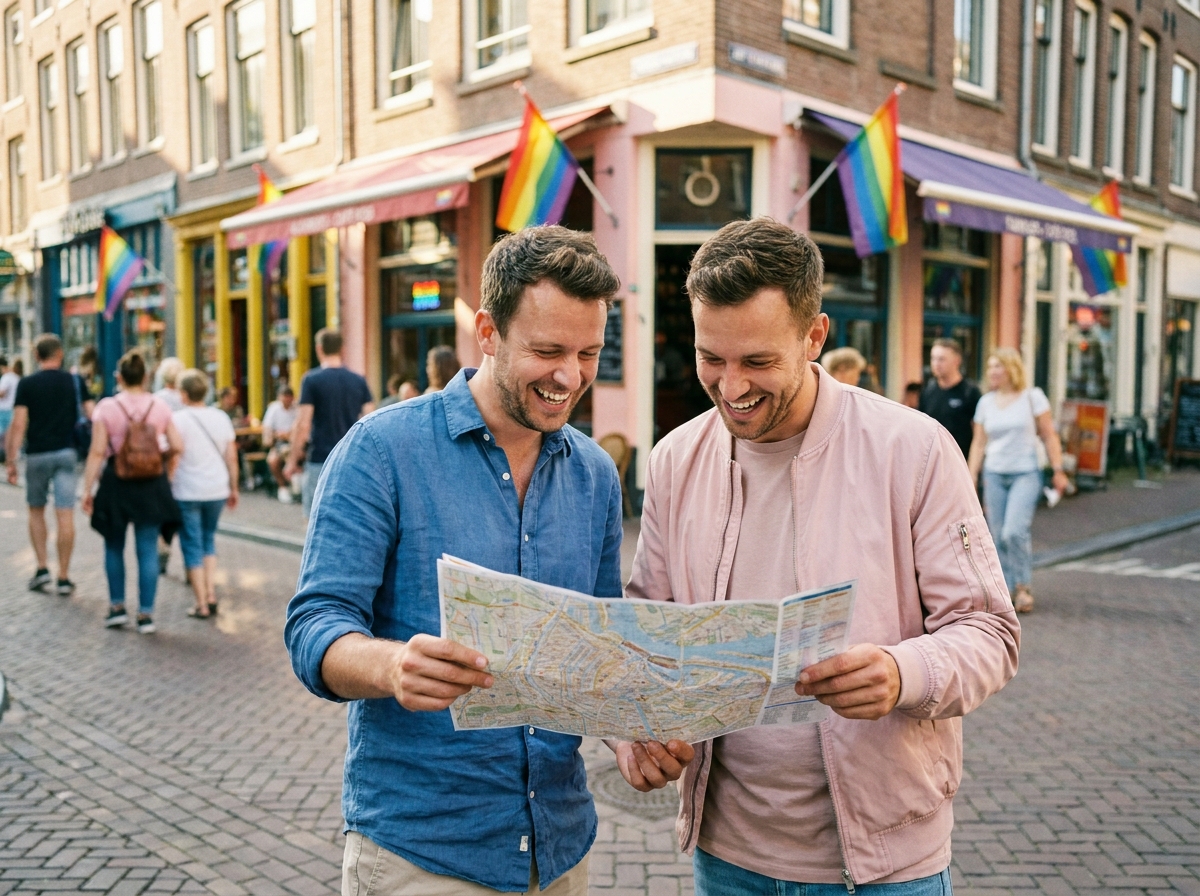 Deux hommes en voyage LGBTQ+ dans une rue pavée européenne décorée de drapeaux arc-en-ciel