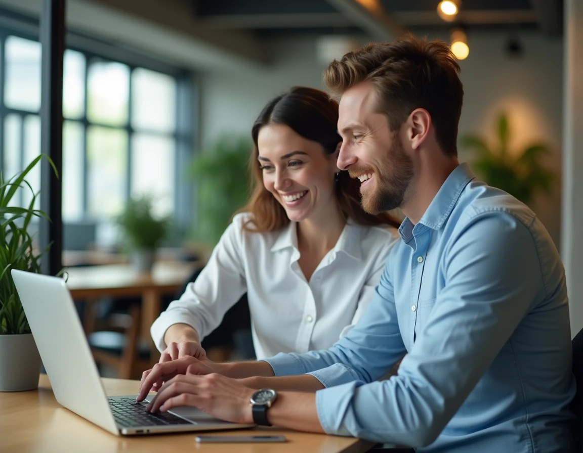 Deux collègues planifiant ensemble un itinéraire professionnel grâce à Mamppy sur un ordinateur portable dans un espace de coworking moderne