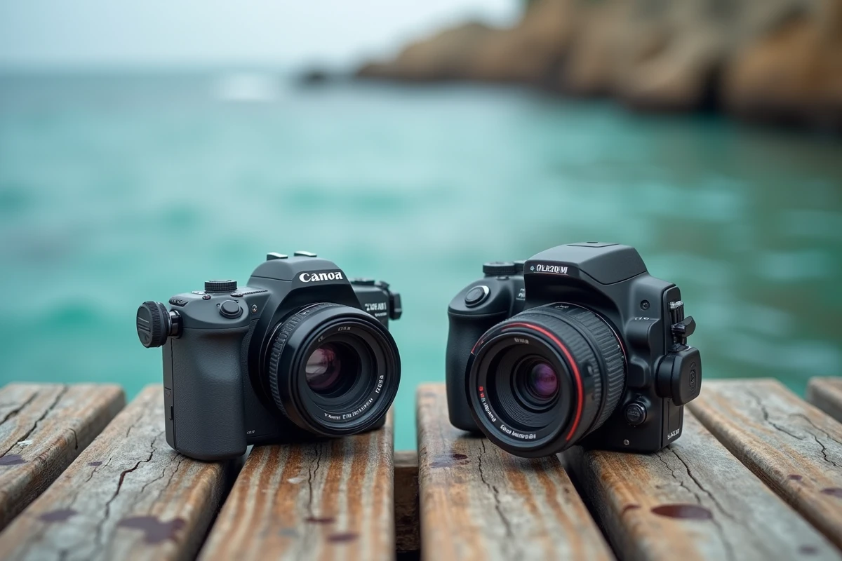 Comparaison entre un appareil photo compact sous-marin et un caisson dédié posés sur un ponton en bois au bord de la mer