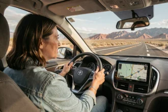 Conductrice sur l'Interstate 15 entre Las Vegas et Los Angeles avec GPS affiché, paysage désertique en arrière-plan