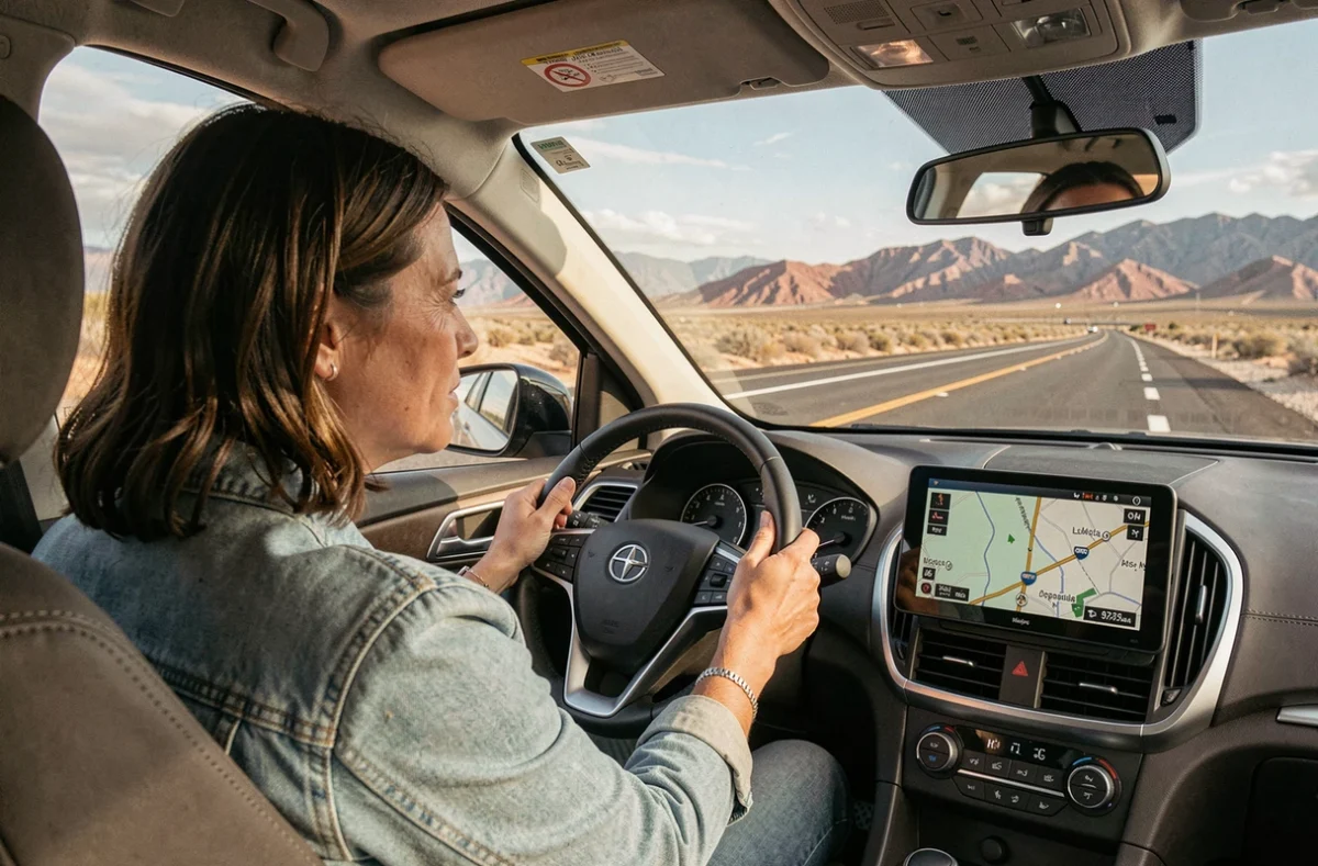 Conductrice sur l'Interstate 15 entre Las Vegas et Los Angeles avec GPS affiché, paysage désertique en arrière-plan